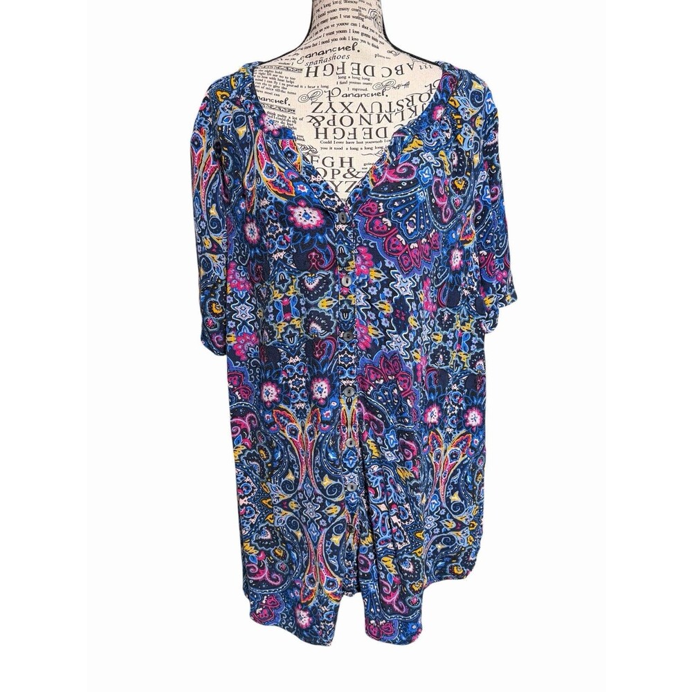 Roamans Womens Floral Button Up Plus 24W  Short Sleeve Boho Office Stretch